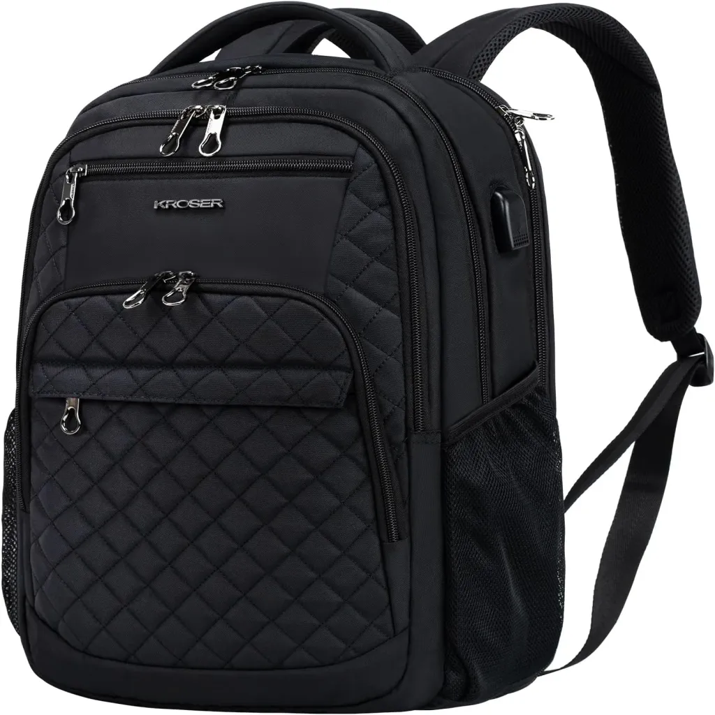 KROSER Travel Laptop Backpack 17 Inch Large Computer Backpack Water-Repellent Daypack with USB Charging Port RFID Pockets for Work/Business/College/Men/Women(Quilted)