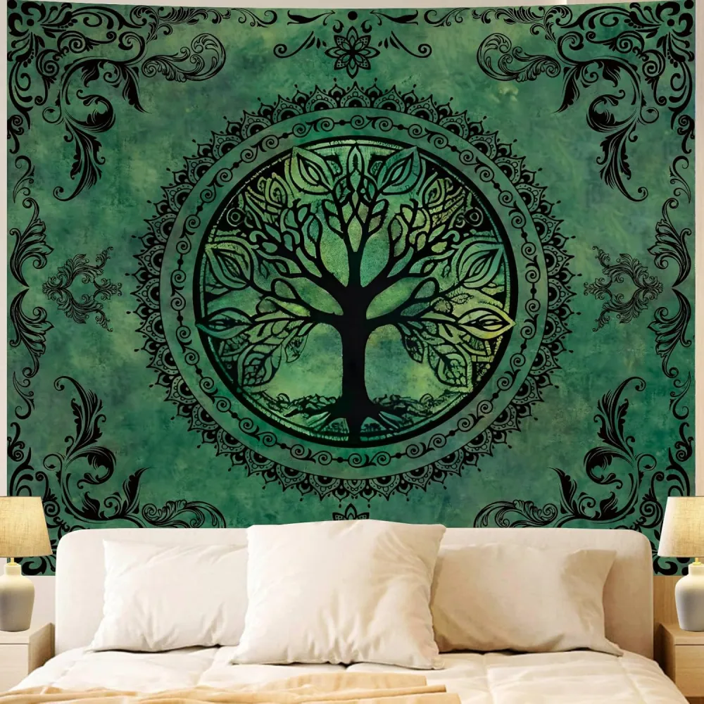 Apdidl Green Nature Tapestry for Bedroom Aesthetic, Hippie Ceiling Tree of Life Decor