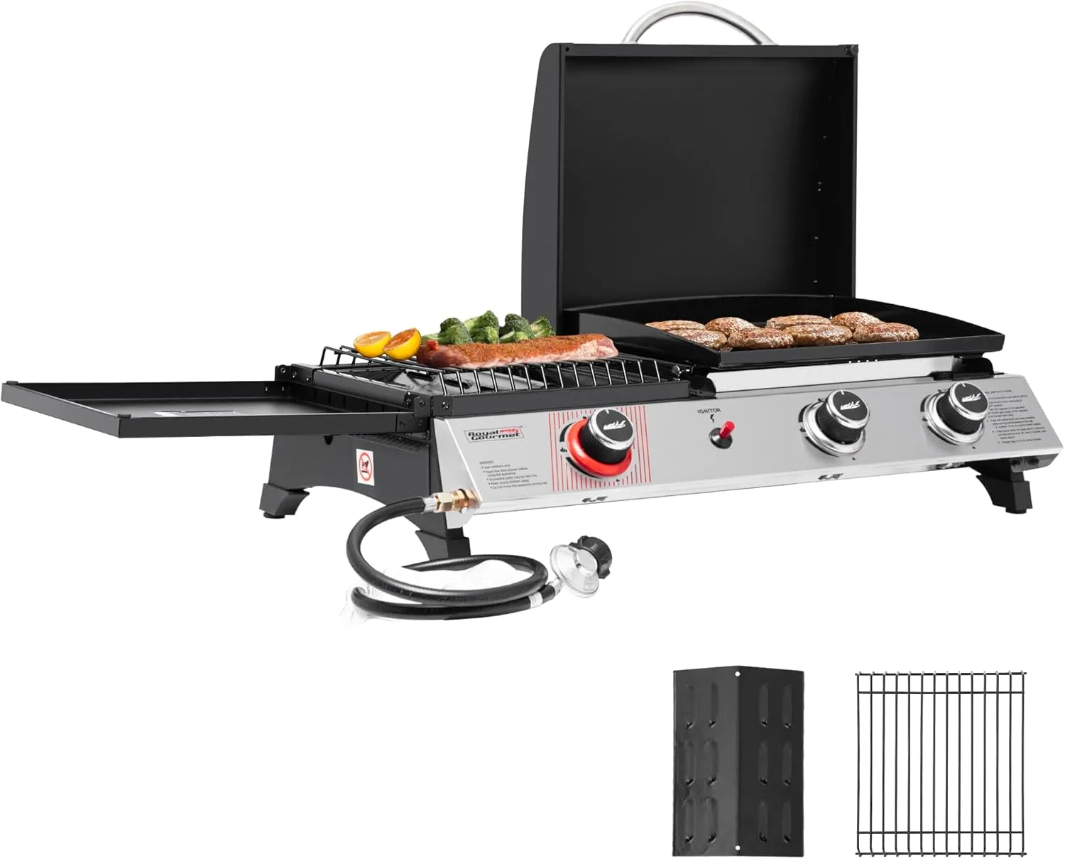 3-Burner Portable Propane Gas Griddle with Side Burner, 3-in-1 Grill and Griddle Combo with Lid, Outdoor Cooking, 29,000
