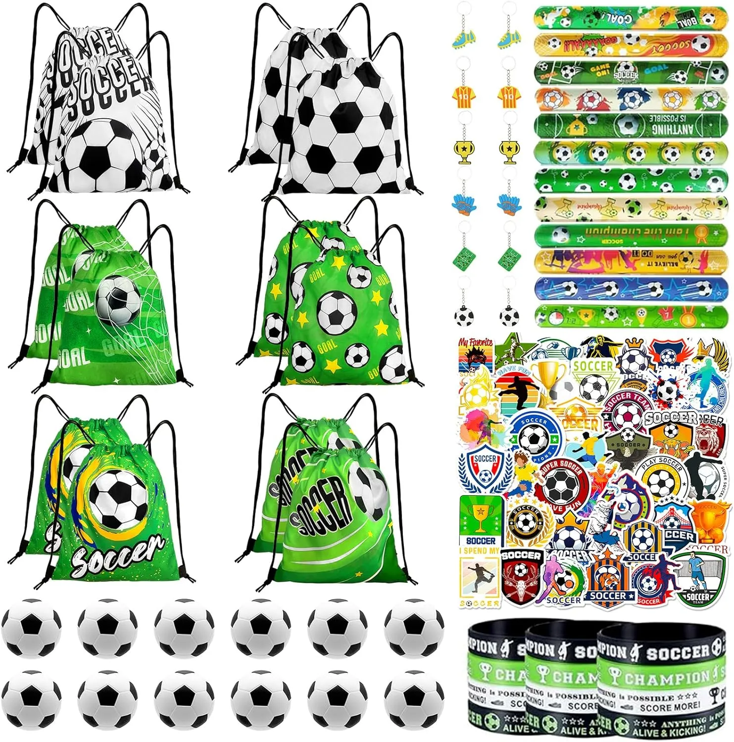 110Pcs Soccer Party Favors Drawstring Bags Soccer Goodie Bag with Mini Ball, Wristband, Slap Bracelet, Keychain - Soccer Team Party Supplies for Kids