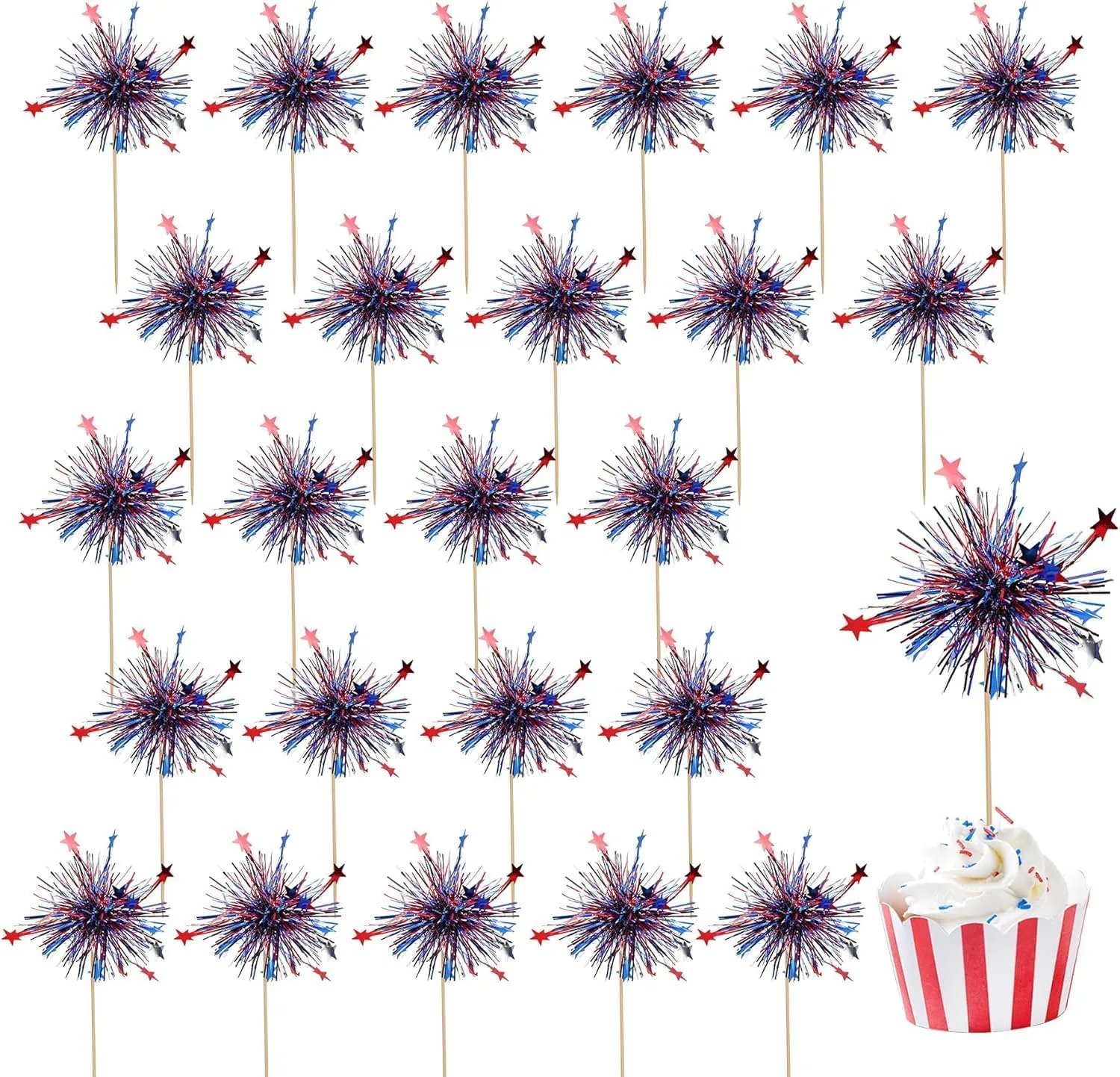 24 Pcs Patriotic 4th of July Cupcake Toppers, Foil Fireworks Cake Topper, Independence Day Decorations