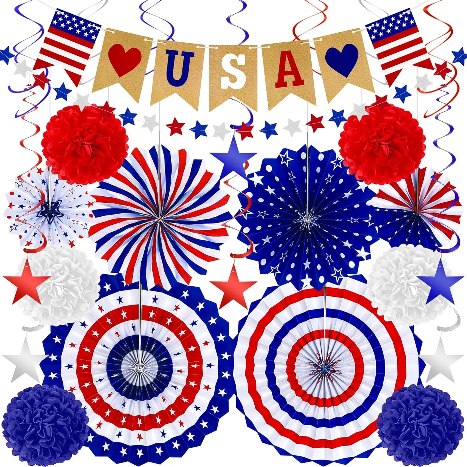 26 PCS 4th of July Decorations, 250th Memorial Day Red White Blue Paper Fans, 4th of July Banner Pompom Garland and Hanging Swirls Set