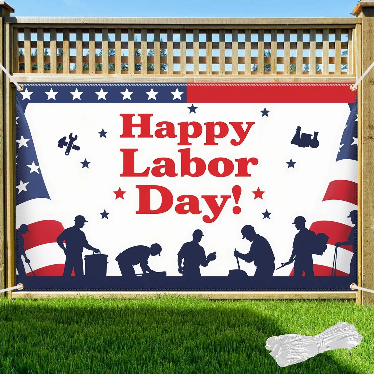 Happy Labor Day Backdrop Banner with 6m Hanging Ribbon - 70.8x43.3 Inch Large Labor Day Party Decorations, Durable Polyester Photo Booth Background for Backyard, Wall, Fence, Indoor Outdoor
