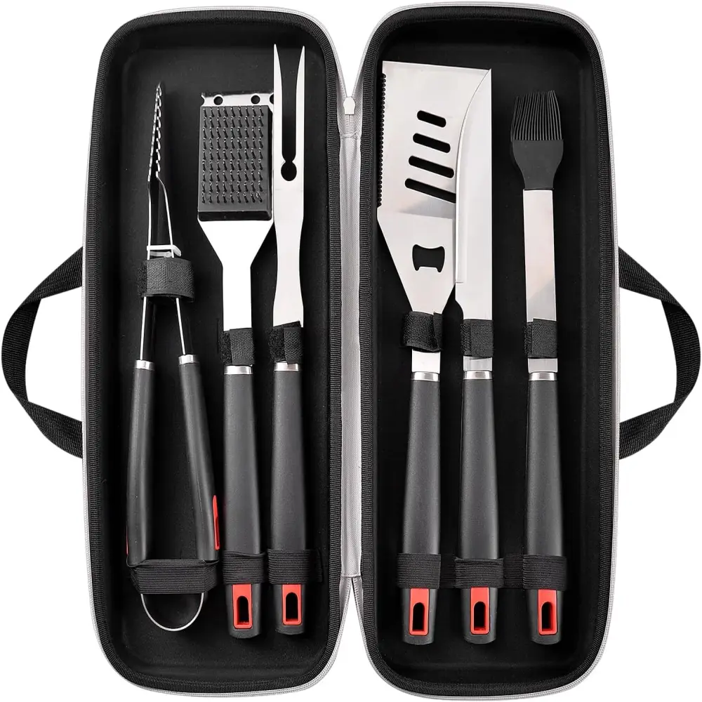BBQ Accessories Set with Storage Case — Spatula, Fork, Cleaning Brush, Food Tongs, Carving Knife, Basting Brush, Durable Stainless Steel Grilling Tools, Thick Storage Case