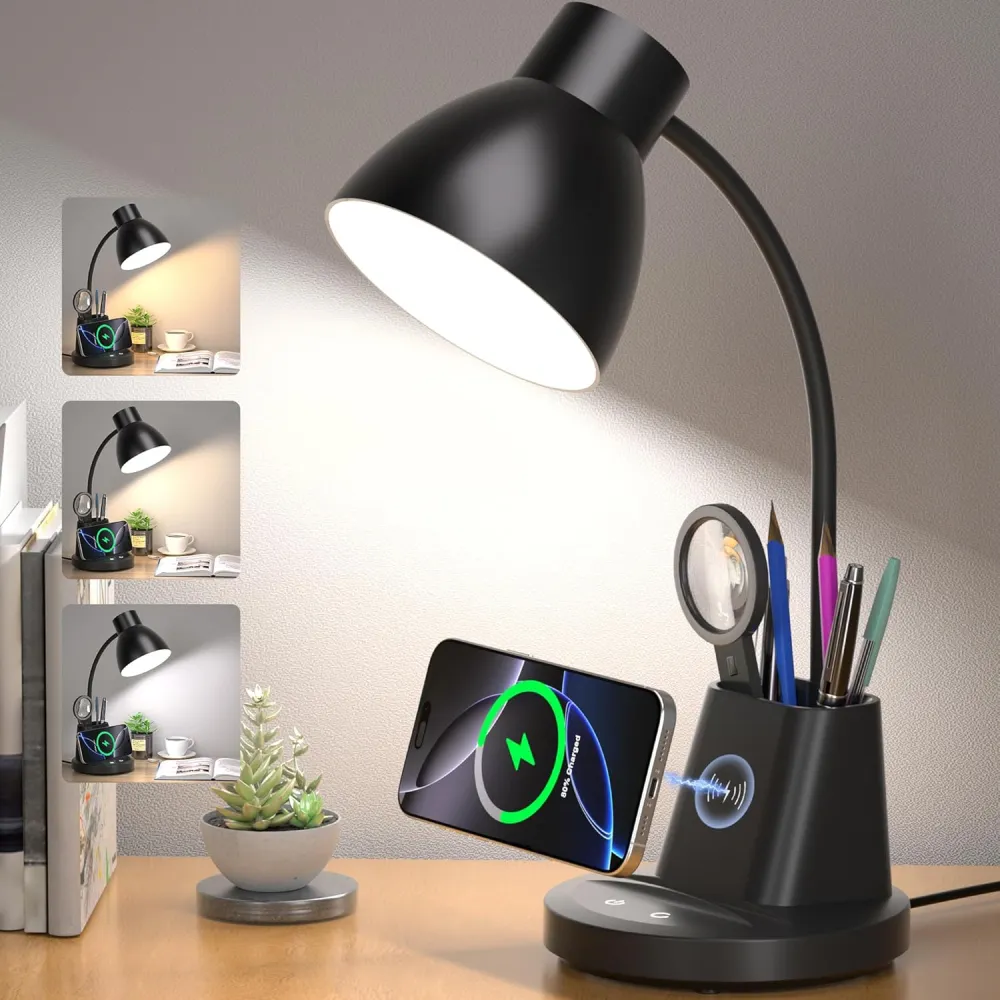 Desk Lamp for Home Office, 10W Wireless Charging, Eye-Caring LED Desk Light, CRI 95+