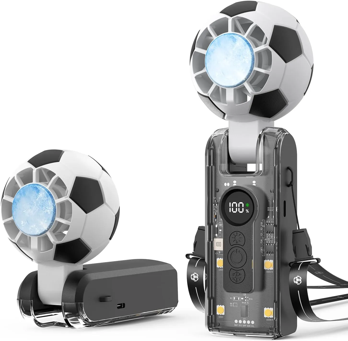 Hiluckey Portable Handheld Turbo Fan with Ice Cooling, 5 Gear Wind, 3 In 1 Soccer-Shaped Mini Personal Fan, USB Rechargeable, 4-16H Runtime