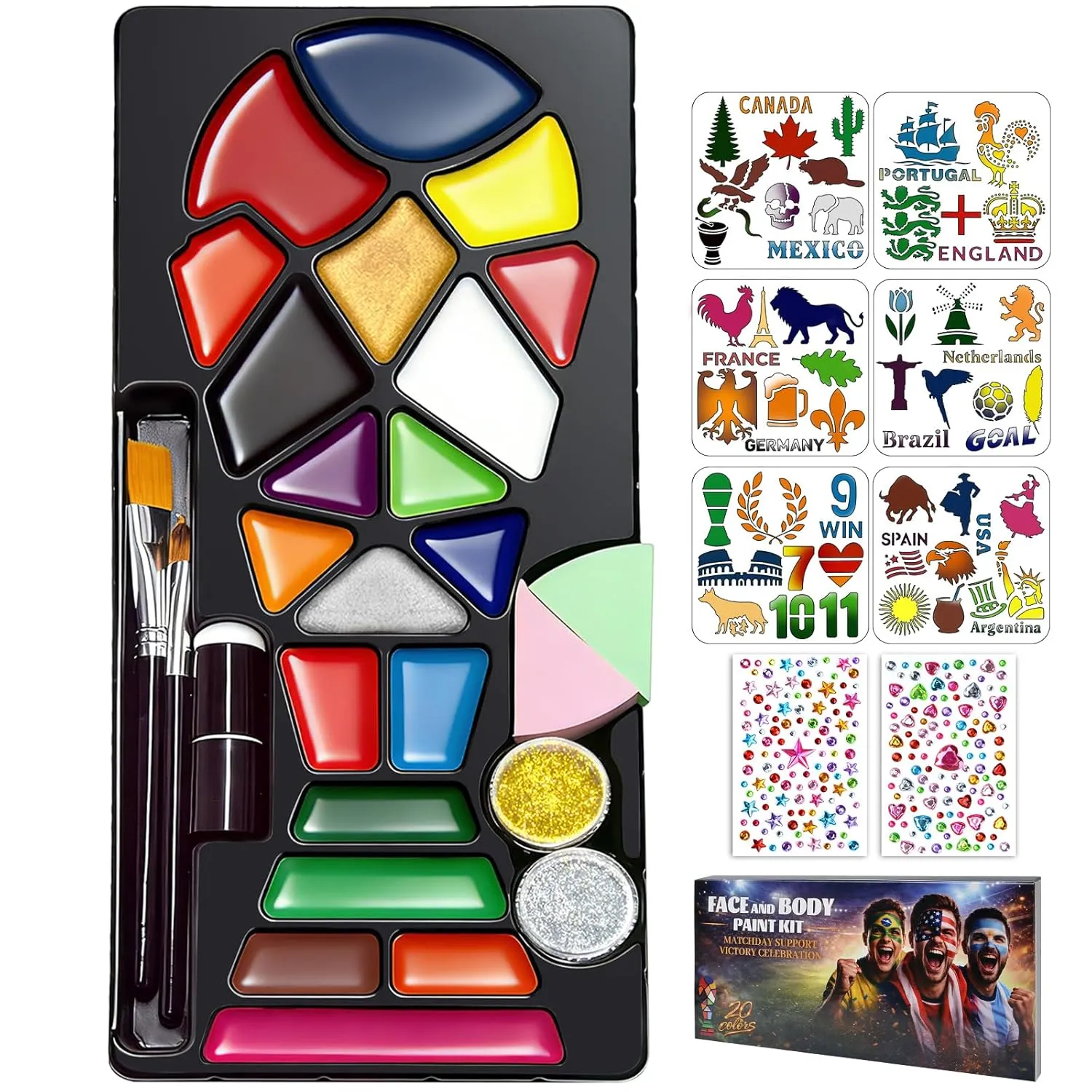 Face Painting Kit for Kids & Adults — 20 Colors Water Activated Set with Stencils, Gems & Brushes