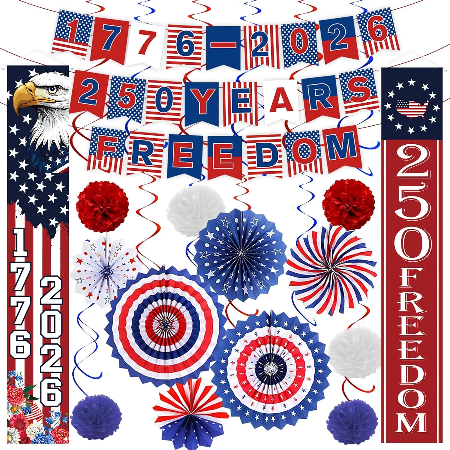 81 PCS US 250th Anniversary Decorations Set, Patriotic 4th of July Decor with Red White Blue Paper Fans & Garland, Stickers